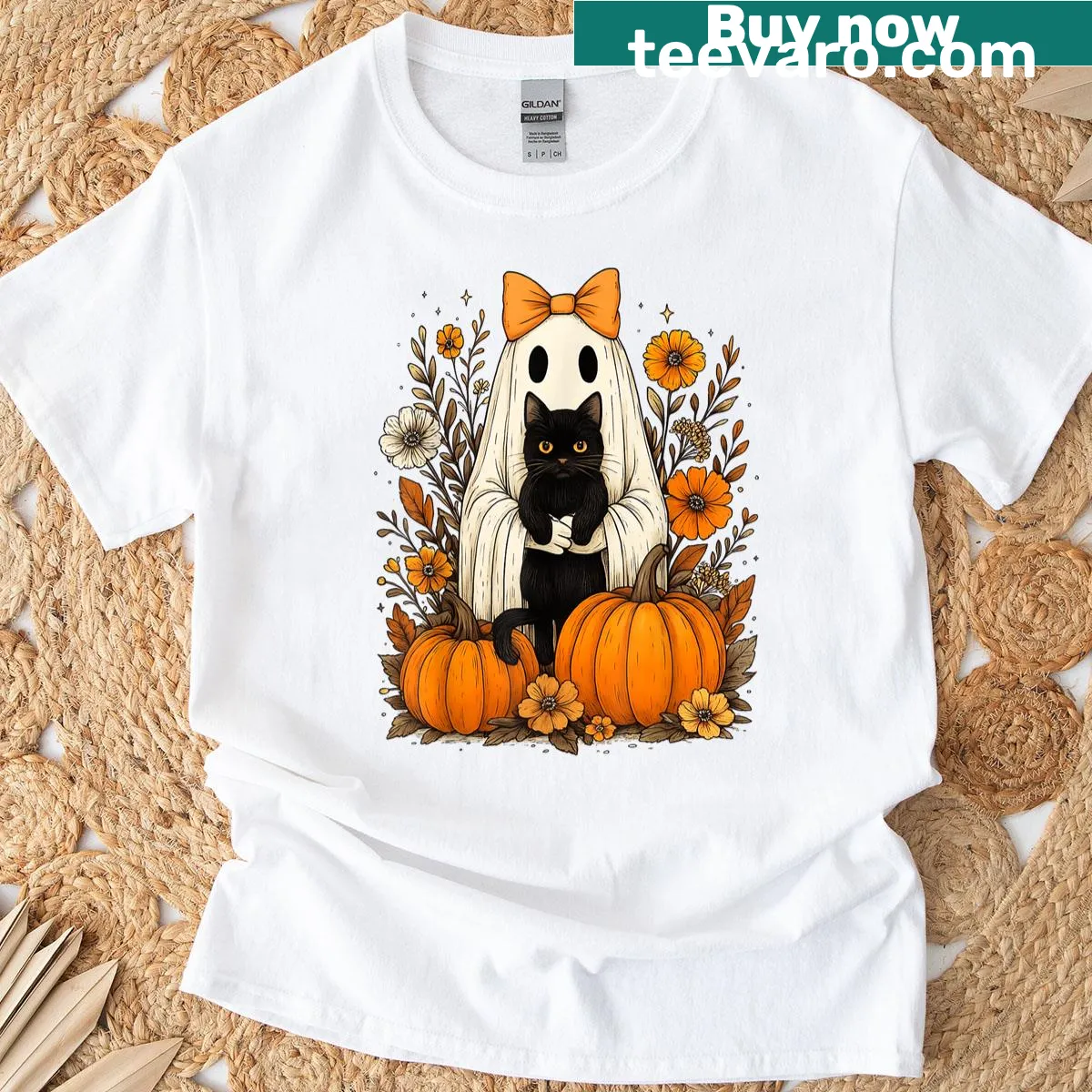 Vintage Halloween graphic with ghost and black cat — on a men's t-shirt