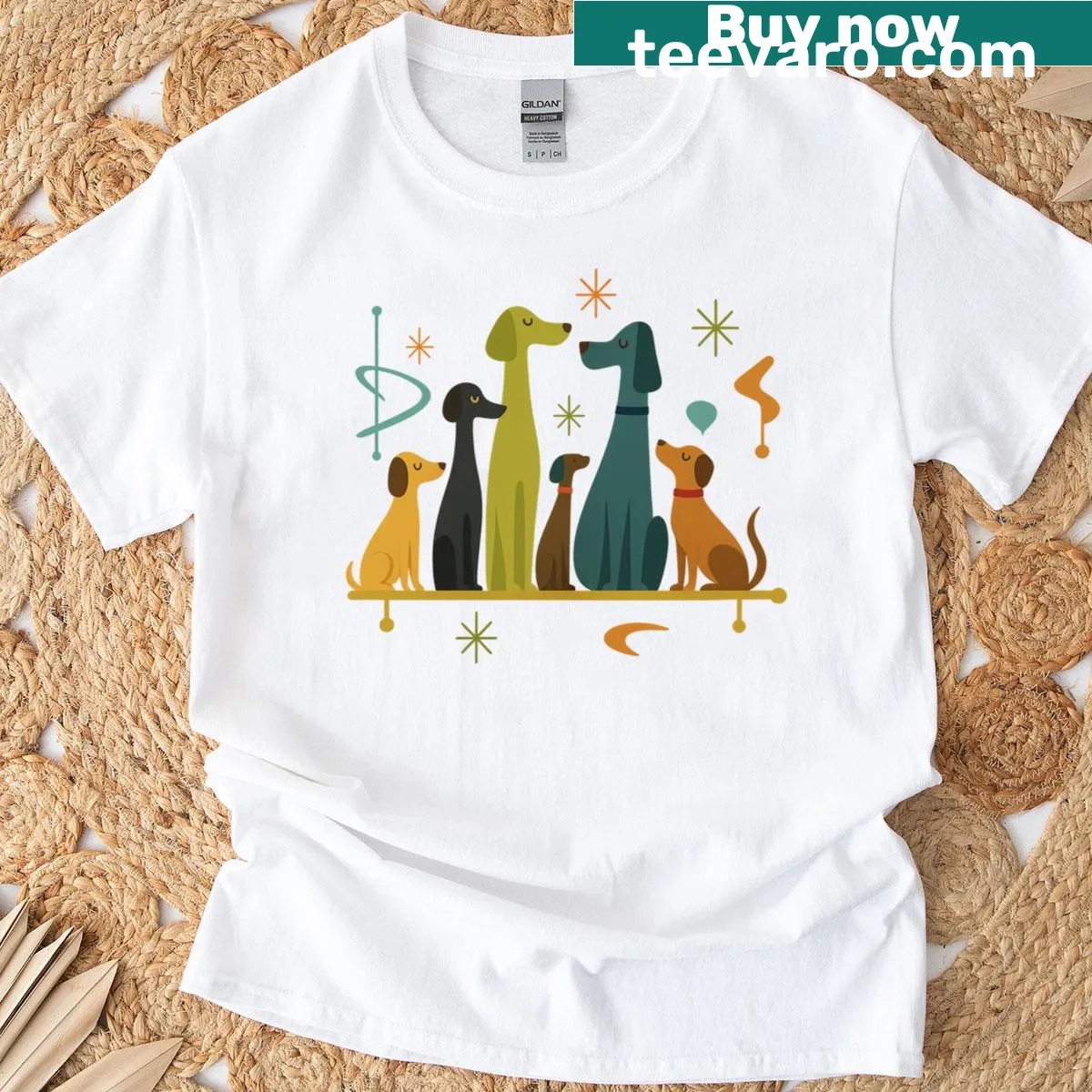 Vintage styled T-shirt with a playful atomic age dog graphic — on a men's t-shirt