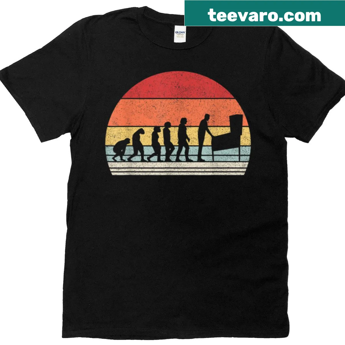 Vintage T-shirt featuring pinball evolution artwork — on a men's t-shirt