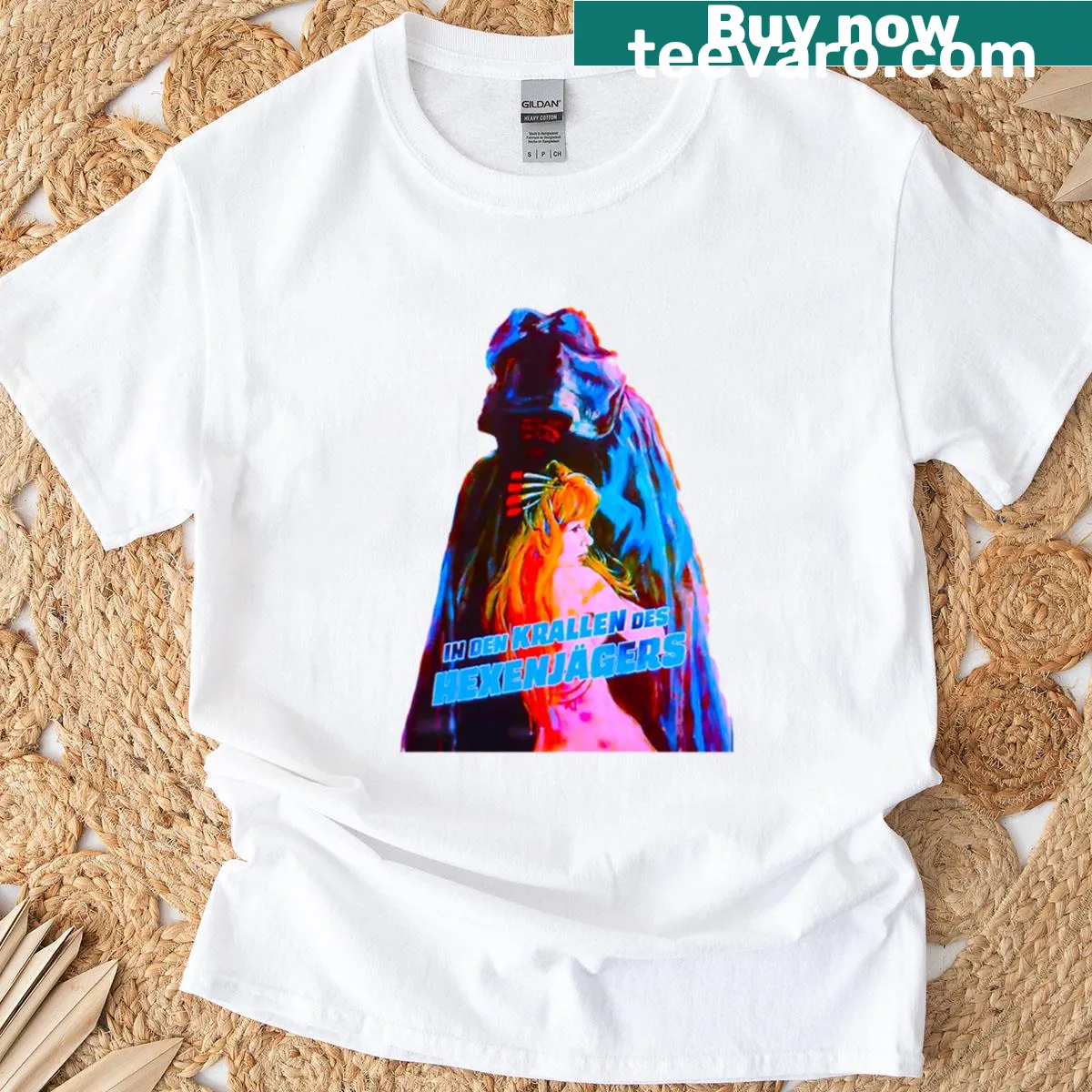 Vintage witchcraft-themed T-shirt featuring a horror-inspired design. — on a men's t-shirt