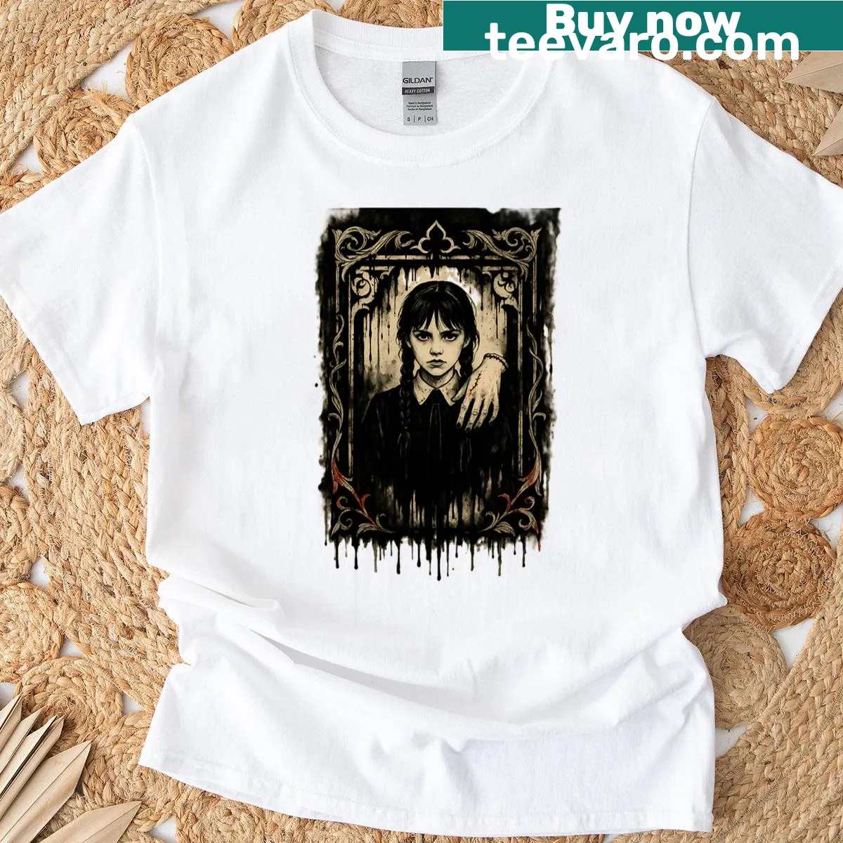 Vintage-style T-shirt featuring a nod to Wednesday Addams. — on a men's t-shirt