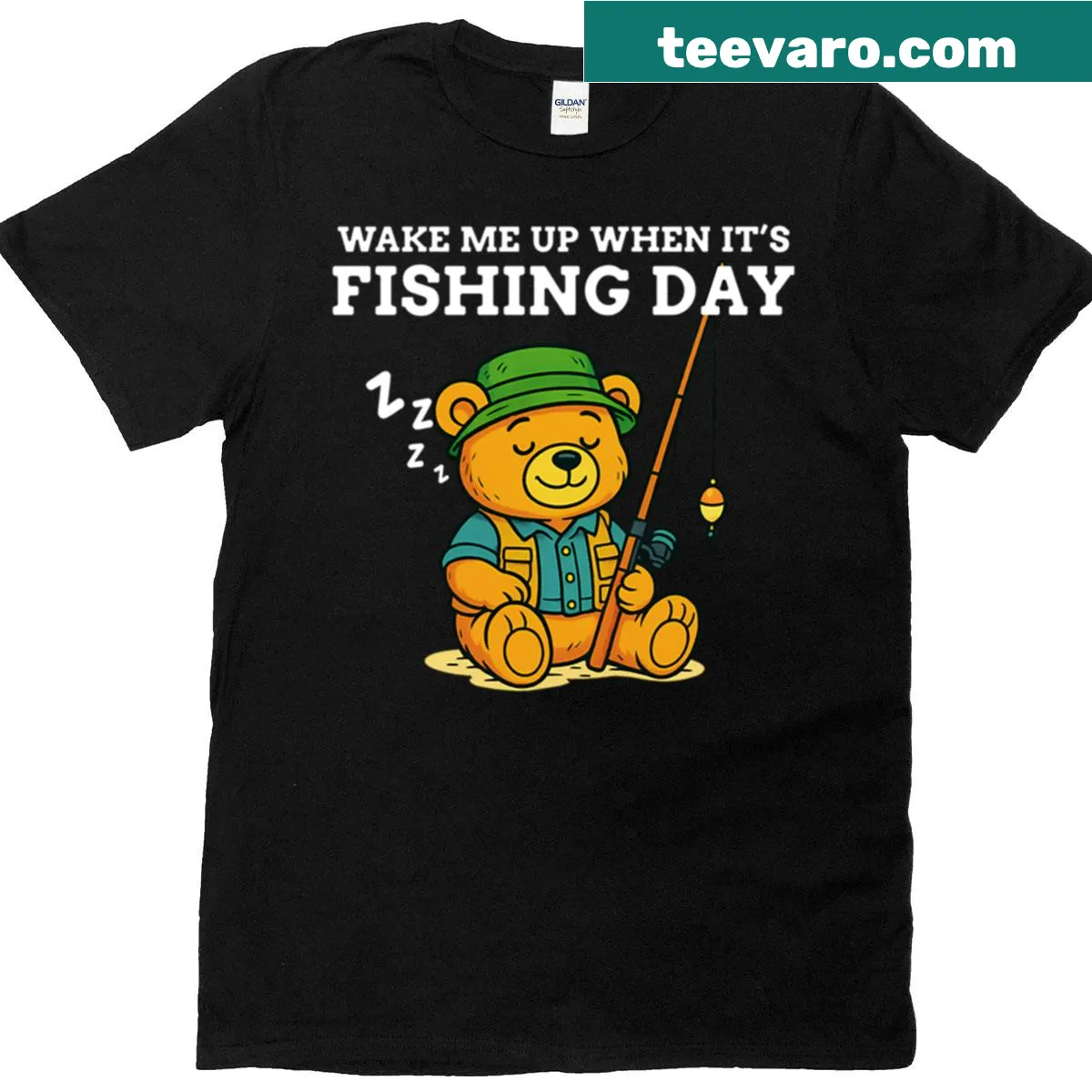 Funny fishing teddy bear t-shirt with humorous fishing quote — on a men's t-shirt