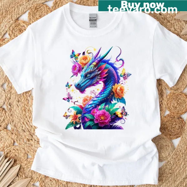 Artistic dragon flowers t-shirt with enchanting design