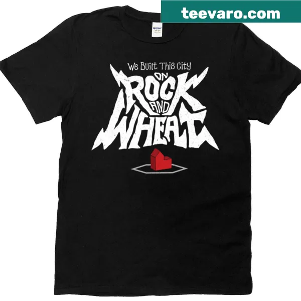 Humorous music-themed T-shirt with text about rock and wheat