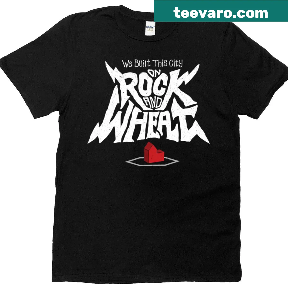 Humorous music-themed T-shirt with text about rock and wheat — on a men's t-shirt