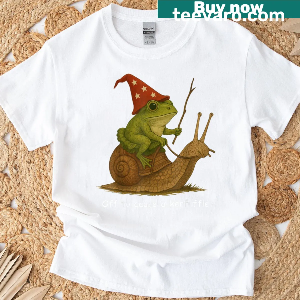 Cartoon of a whimsical frog wizard ready for adventure — on a men's t-shirt