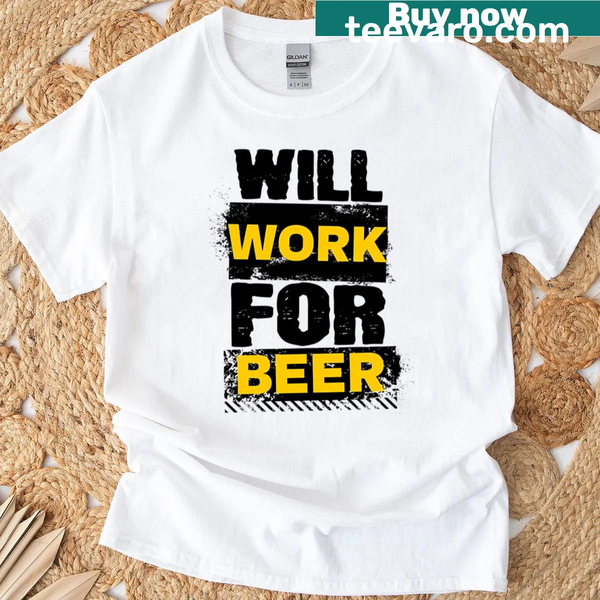 Funny text graphic T-shirt about working for beer — on a men's t-shirt