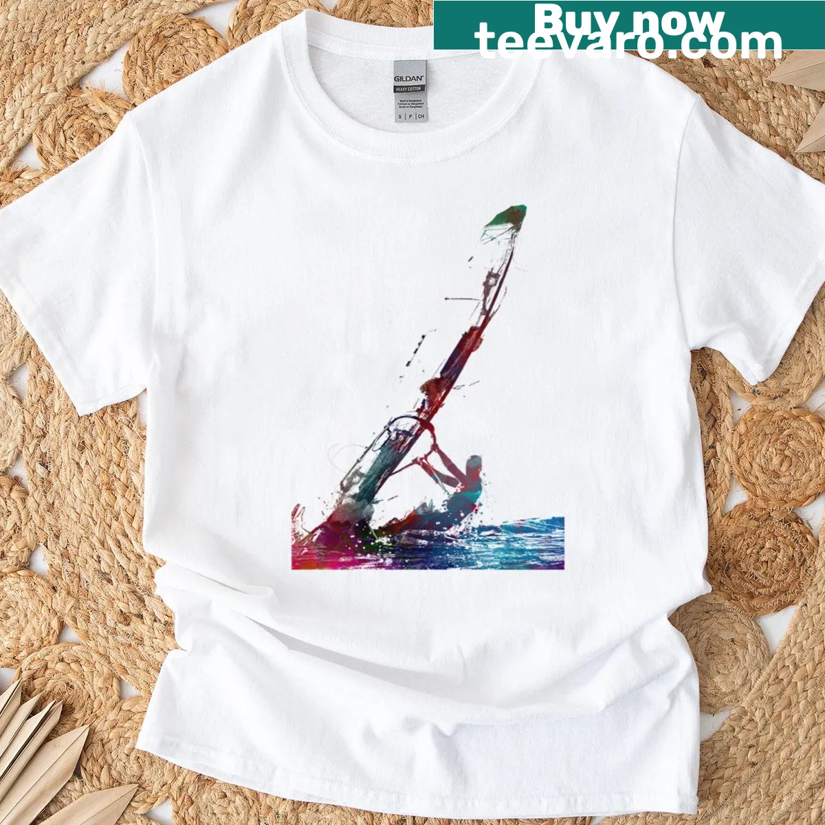 Graphic T-shirt illustrating windsurfing sport — on a men's t-shirt
