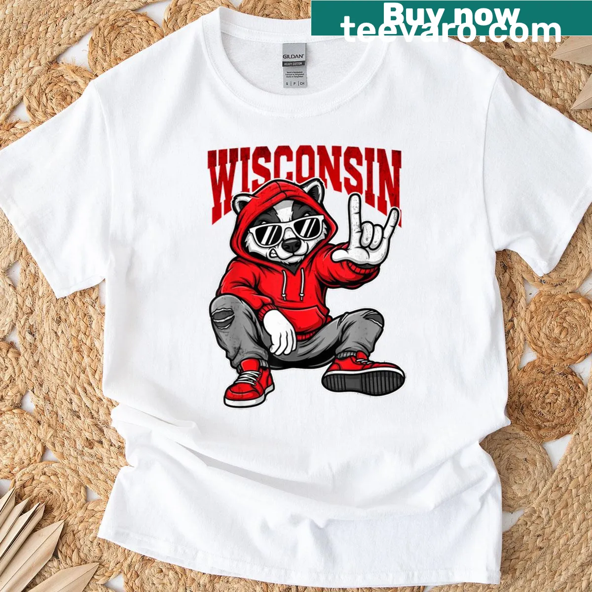 Urban raccoon graphic on a Wisconsin-themed T-shirt — on a men's t-shirt
