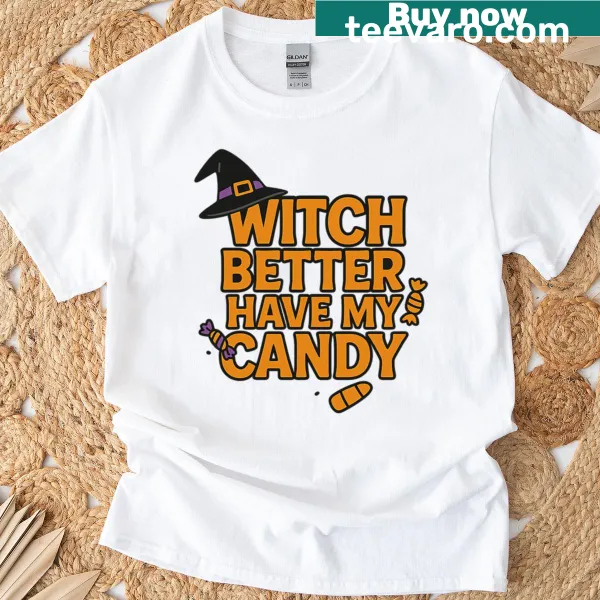 Funny Halloween graphic with witch and candy saying