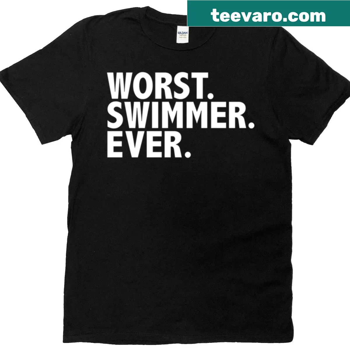 Lighthearted t-shirt humorously stating 'Worst Swimmer Ever' — on a men's t-shirt
