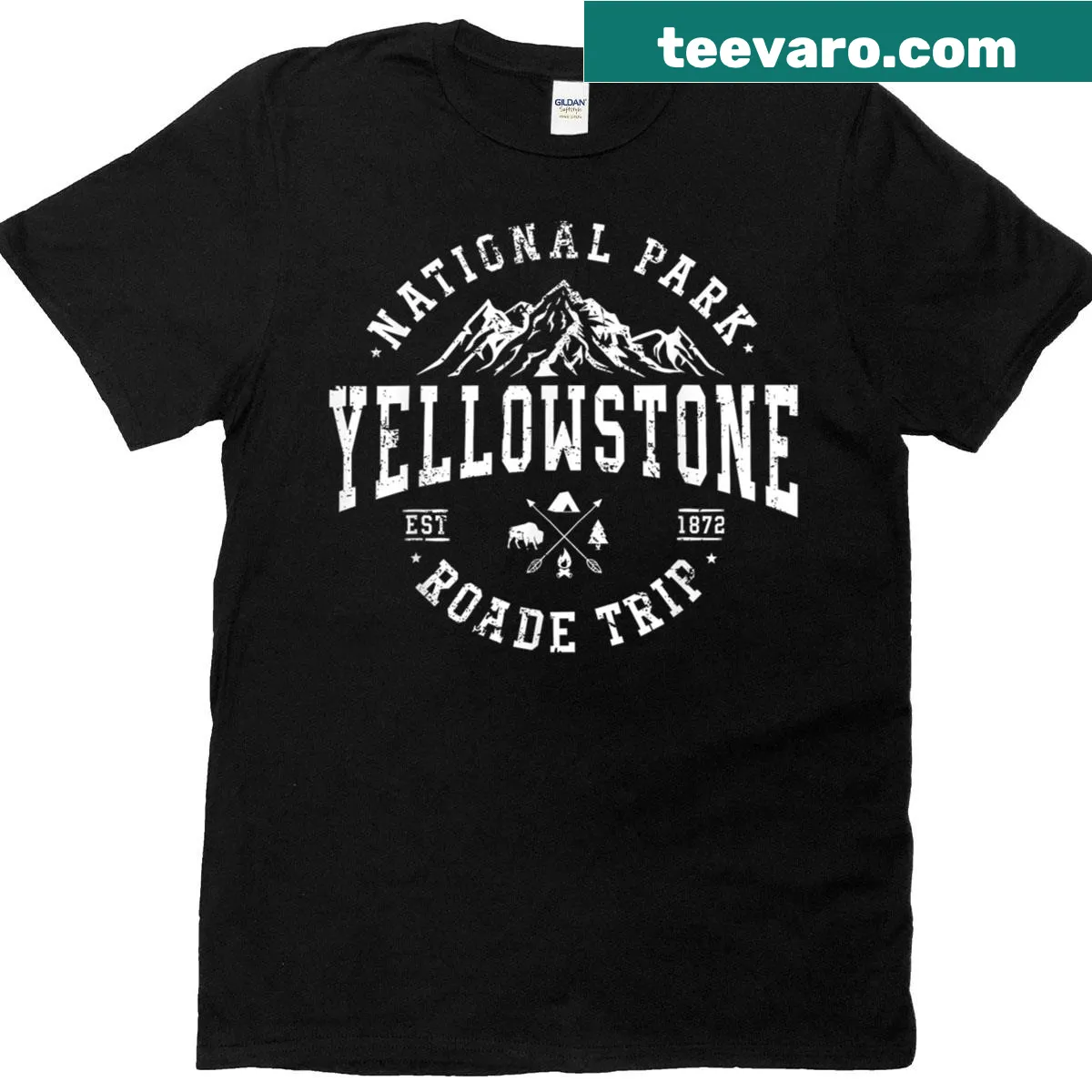 Camping graphic T-shirt for Yellowstone National Park family trip — on a men's t-shirt