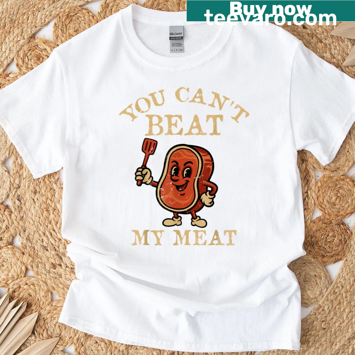 Funny barbecue T-shirt with the phrase You Can't Beat My Meat — on a men's t-shirt
