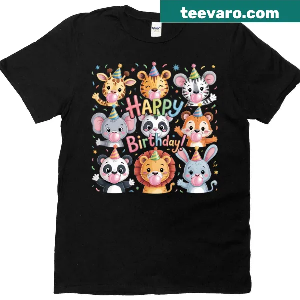 Cute zoo animal illustrations on a birthday-themed t-shirt