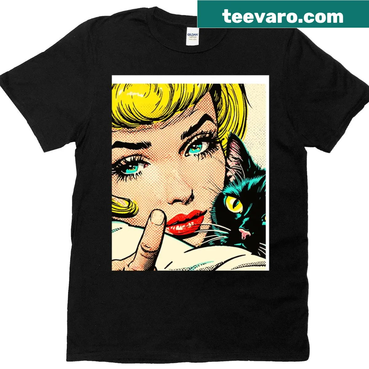 1960s style cat graphic T-shirt with a playful 'Come Here' message. — on a men's t-shirt