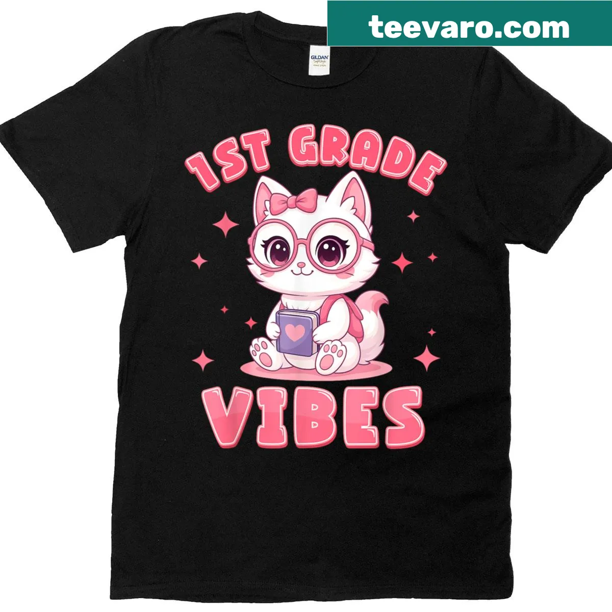 Cute cat illustration with '1st Grade Vibes' text for kids — on a men's t-shirt