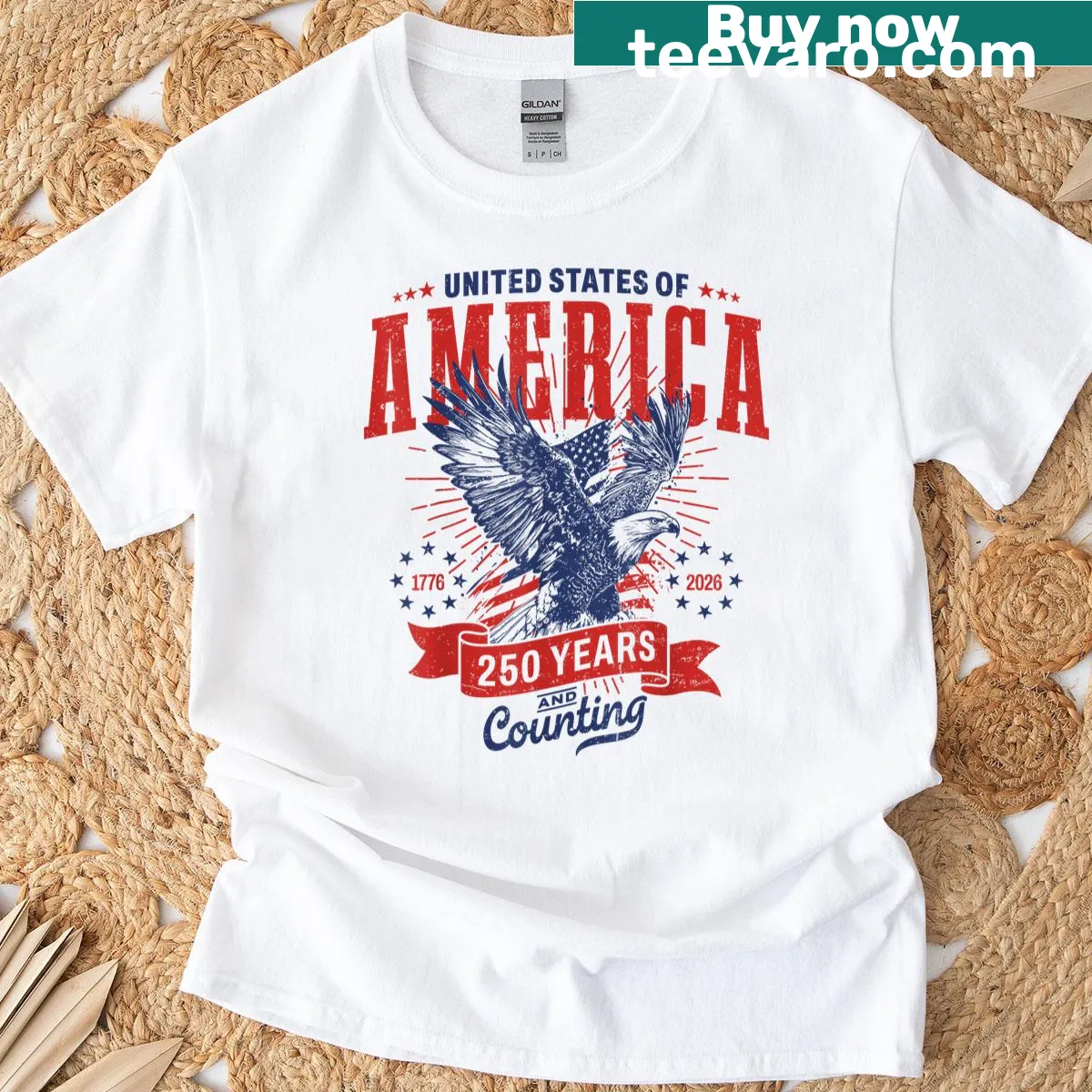 Eagle holding American flag on T-shirt for 250th birthday — on a men's t-shirt