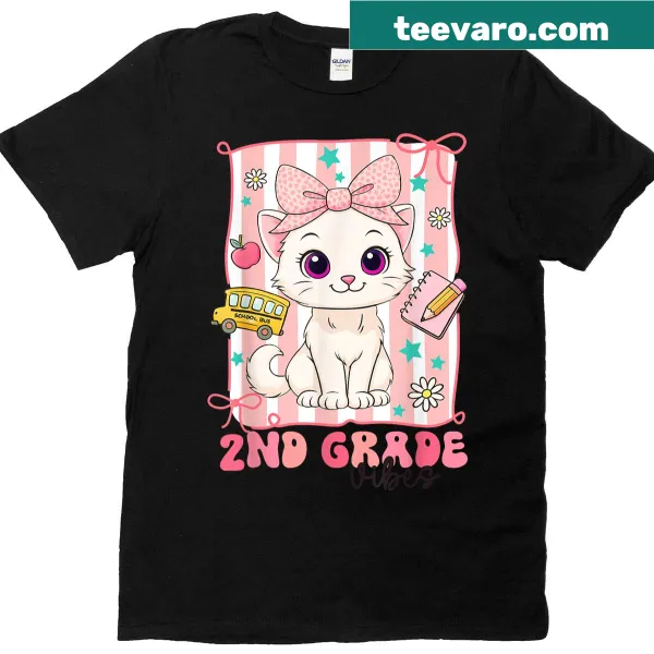Cute cat graphic T-shirt for girls celebrating 2nd grade vibes.
