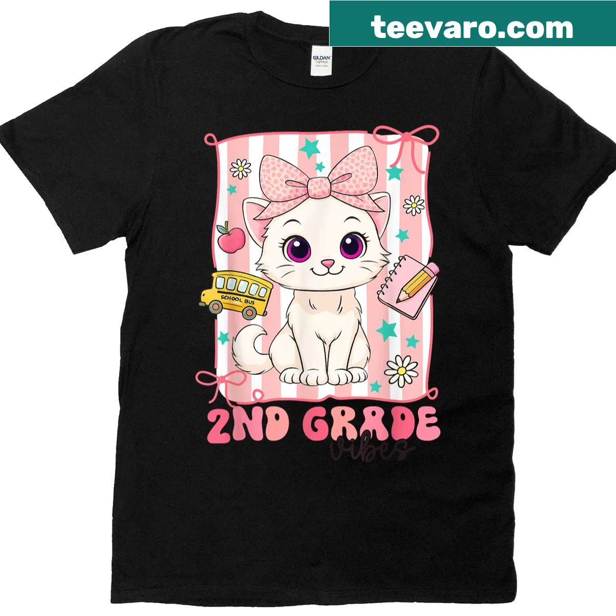 Cute cat graphic T-shirt for girls celebrating 2nd grade vibes. — on a men's t-shirt