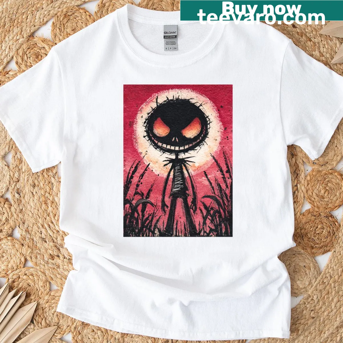 Abstract jack-o-lantern face graphic on T-shirt — on a men's t-shirt