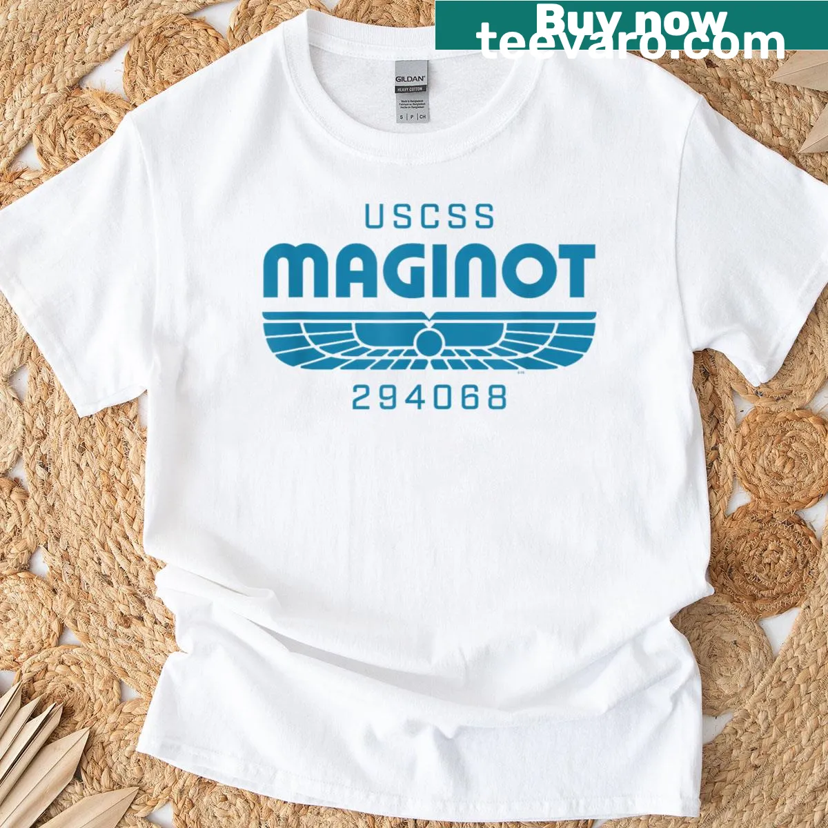 Uscss Maginot logo illustration on an Alien-themed t-shirt — on a men's t-shirt