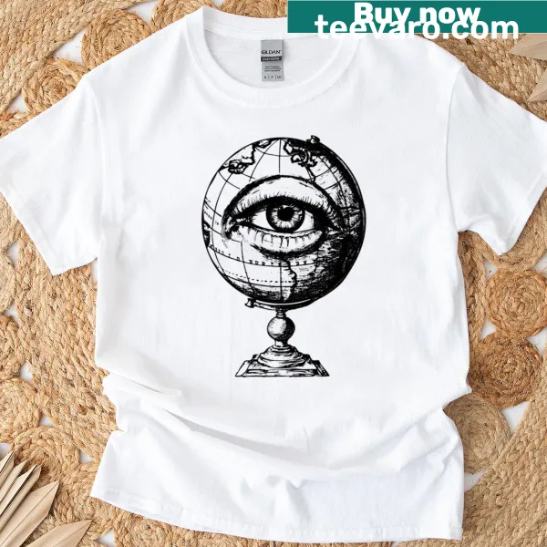 Oversized t-shirt with surreal all-seeing eye and globe illustration