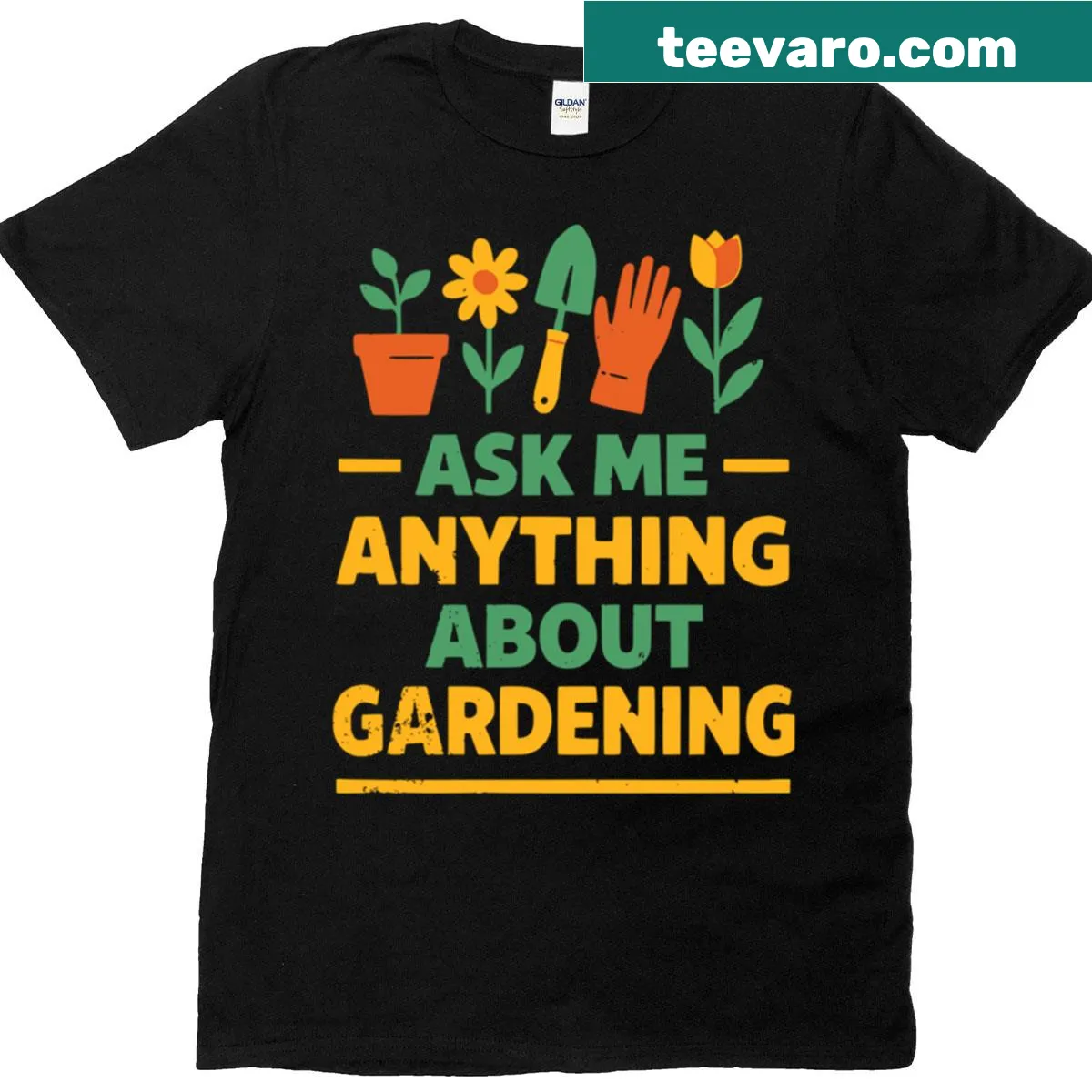 Oversized T-shirt with 'Ask Me Anything About Gardening' text design. — on a men's t-shirt