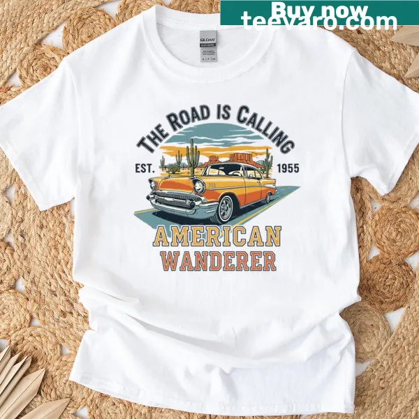 Vintage car graphic with The Road Is Calling text on T-shirt