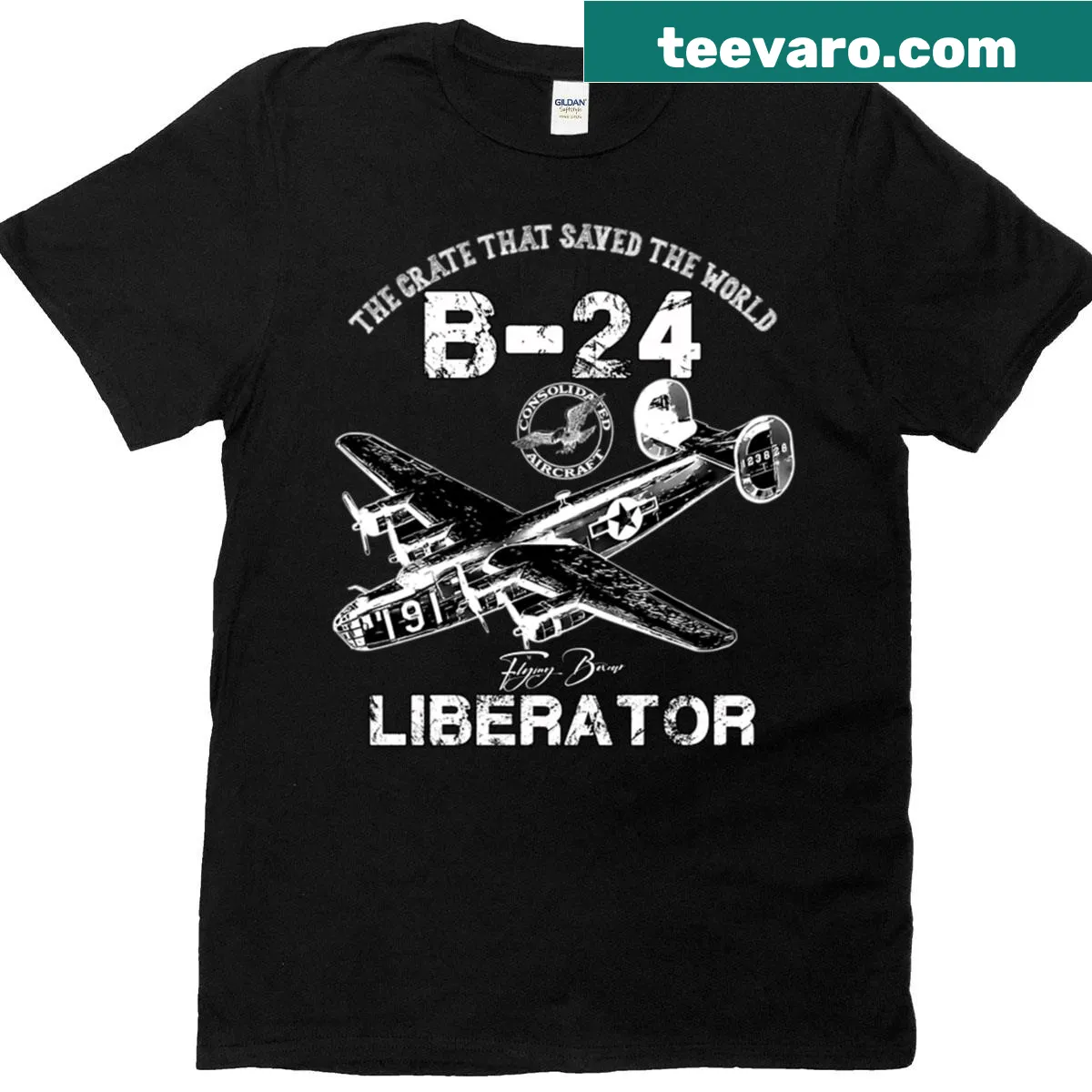 T-shirt featuring an illustration of the B24 Liberator aircraft — on a men's t-shirt