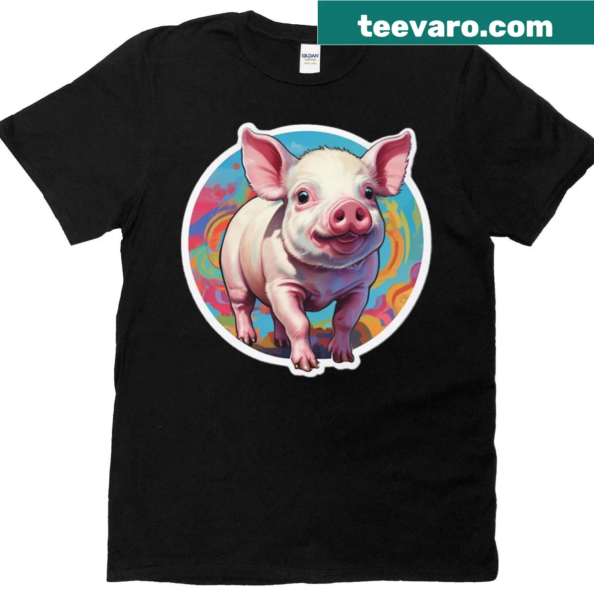 Playful pop art baby pig graphic on a t-shirt — on a men's t-shirt