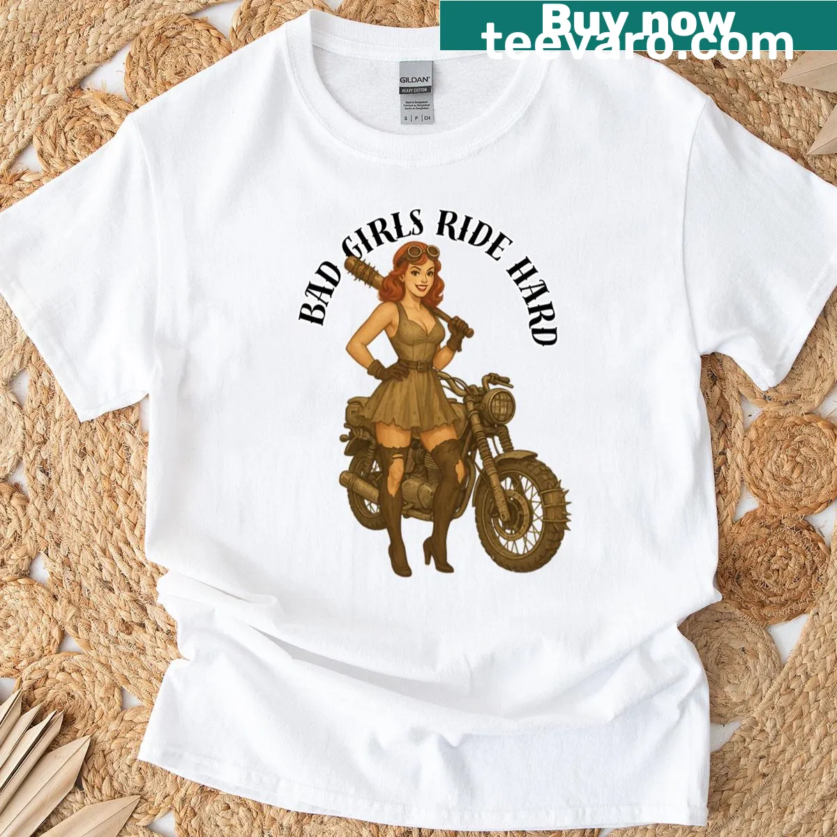 Vintage biker pin-up graphic on T-shirt — on a men's t-shirt