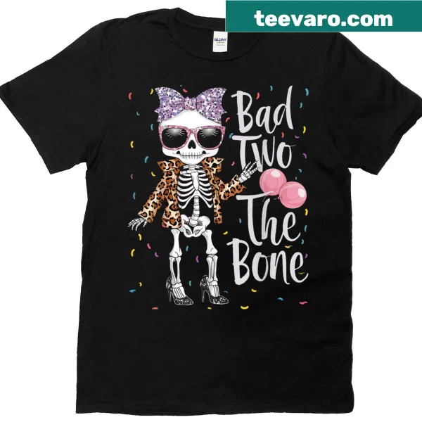 T-shirt for a 2nd birthday girl with 'Bad Two The Bone' and leopard graphics