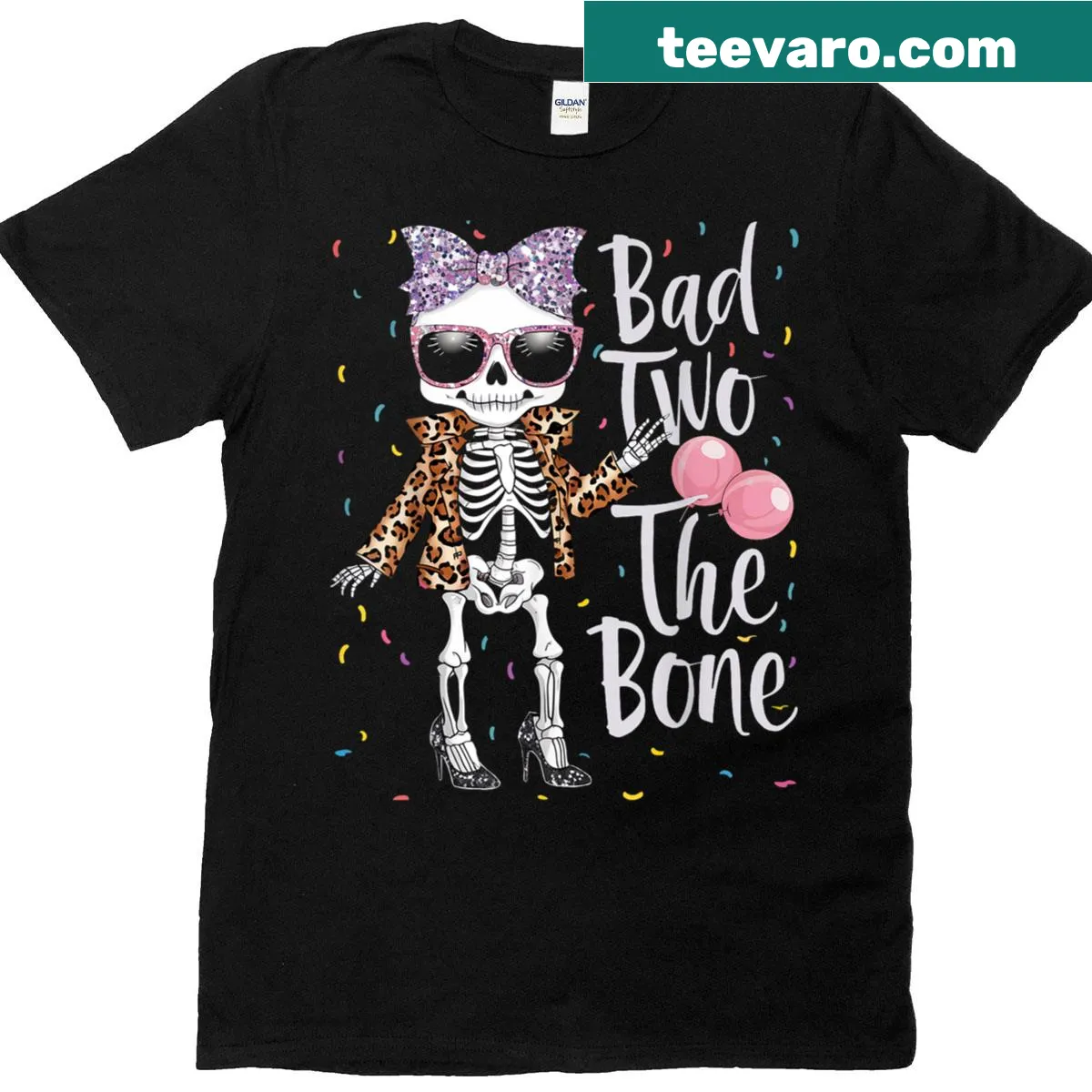 T-shirt for a 2nd birthday girl with 'Bad Two The Bone' and leopard graphics — on a men's t-shirt
