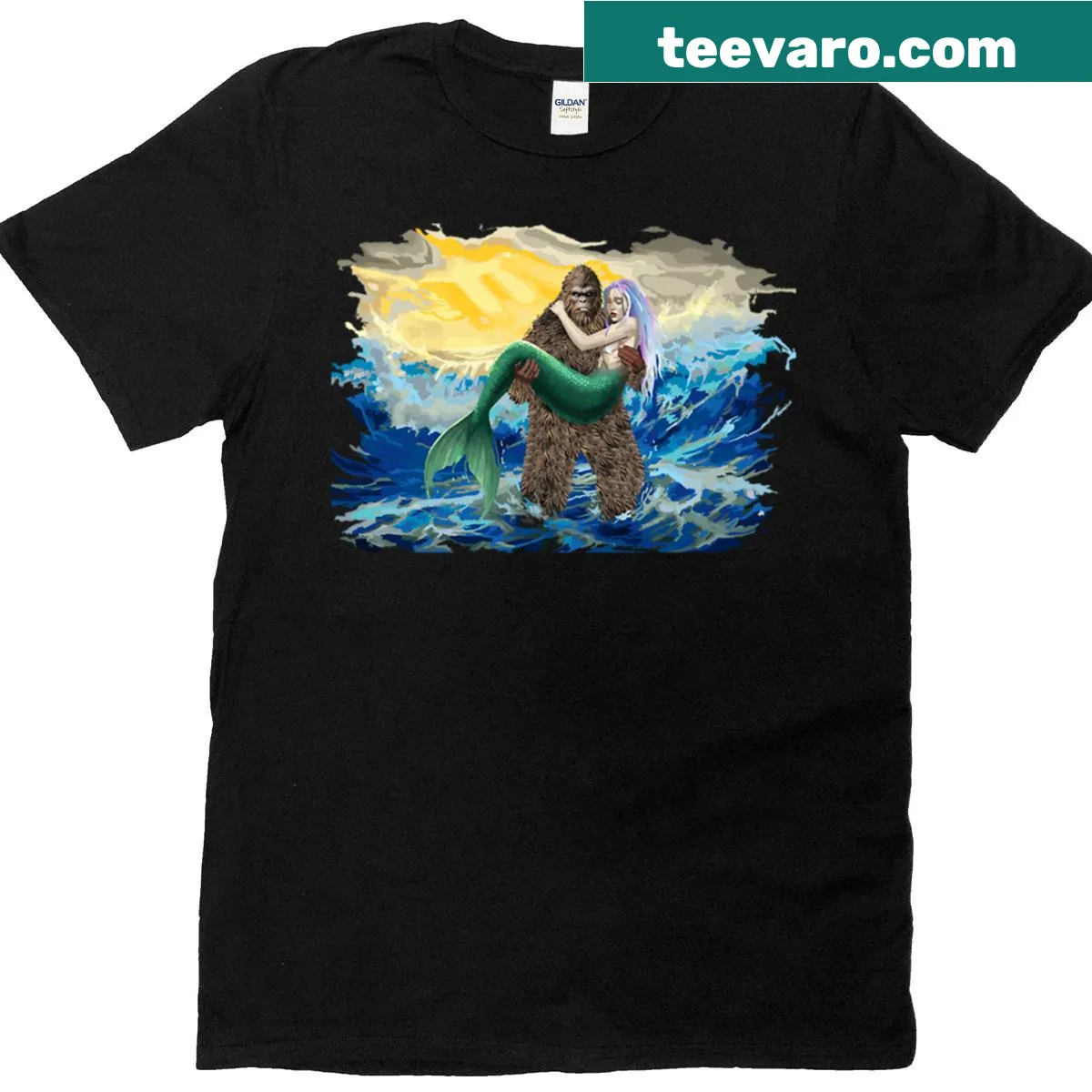 Oversized t-shirt featuring Bigfoot as a hero in a whimsical illustration — on a men's t-shirt