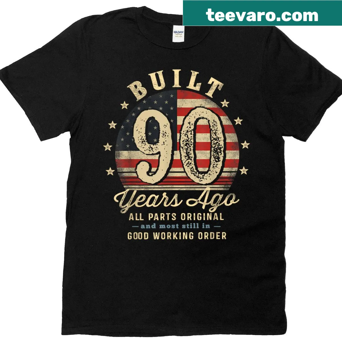 Funny t-shirt for 90th birthday featuring USA flag and text — on a men's t-shirt