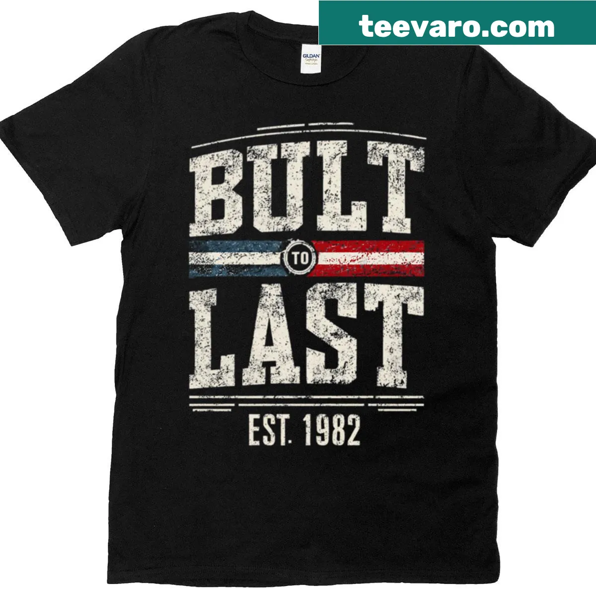 Birthday T-shirt with 'Built To Last' message for 1982 — on a men's t-shirt