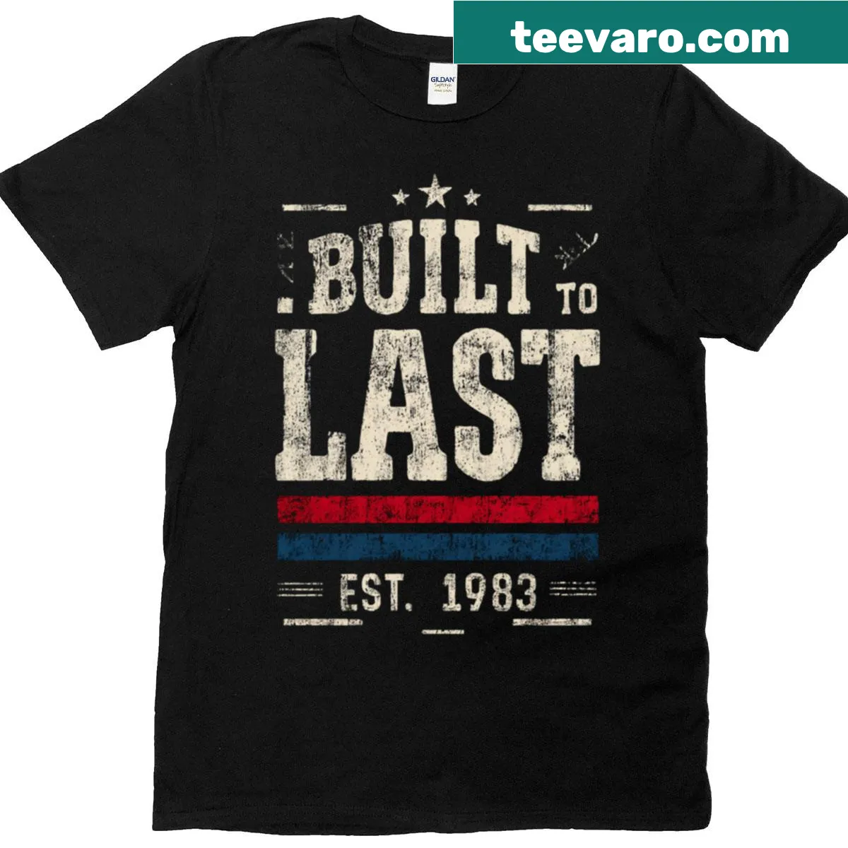 Birthday t-shirt with Built To Last Est 1983 text — on a men's t-shirt