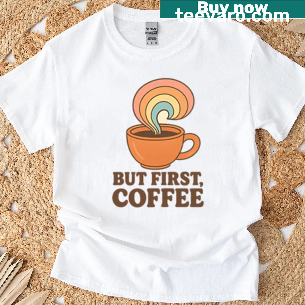 Retro T-shirt with the phrase 'But First Coffee' in a fun font — on a men's t-shirt