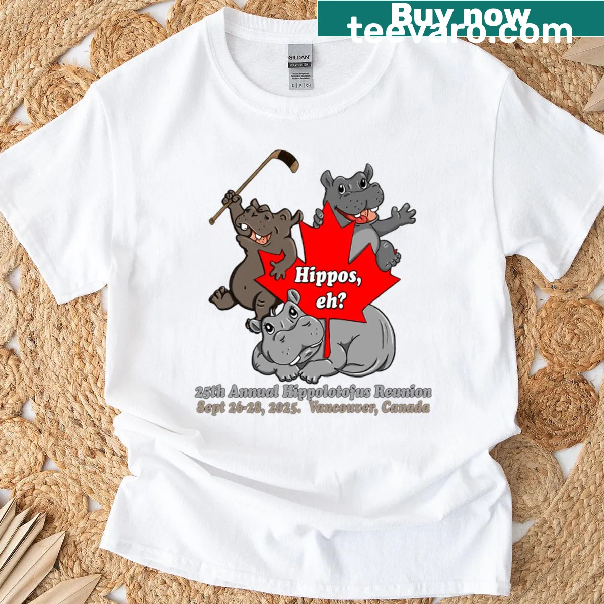 Cartoon hippos with Canadian accents on a reunion-themed t-shirt — on a men's t-shirt
