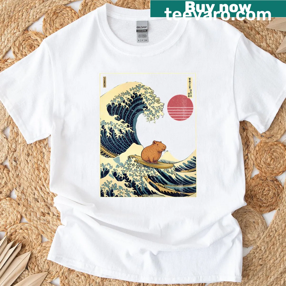 Capybara surfing on waves in a playful Japanese style illustration — on a men's t-shirt