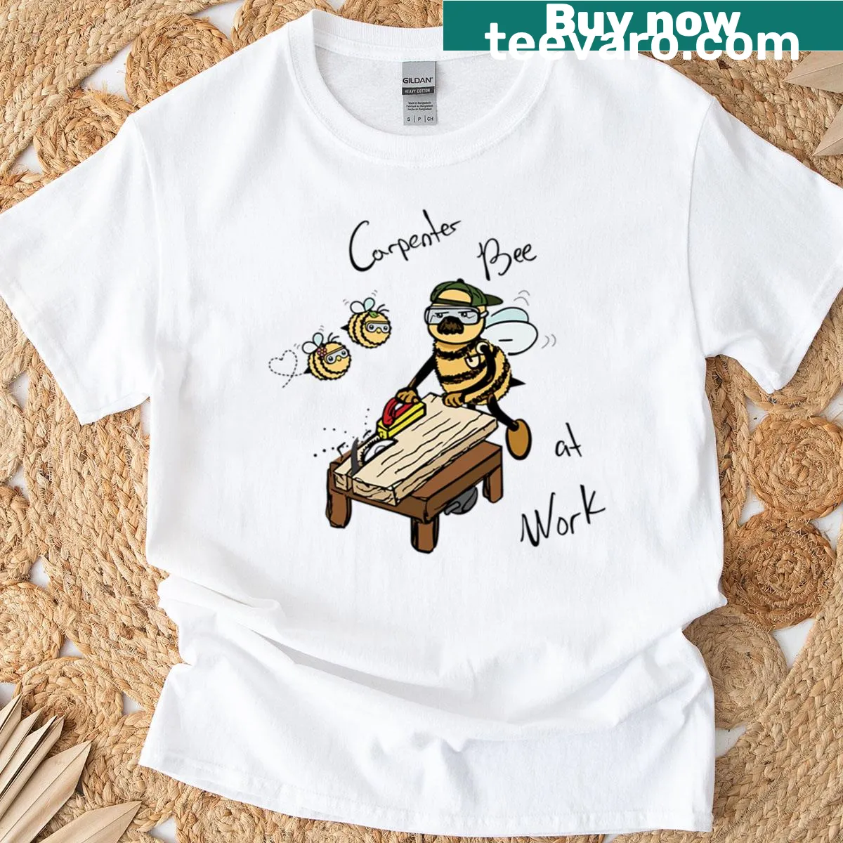 Illustration of a carpenter bee at work on a t-shirt — on a men's t-shirt