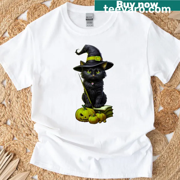 Halloween-themed t-shirt featuring a cute black cat witch illustration
