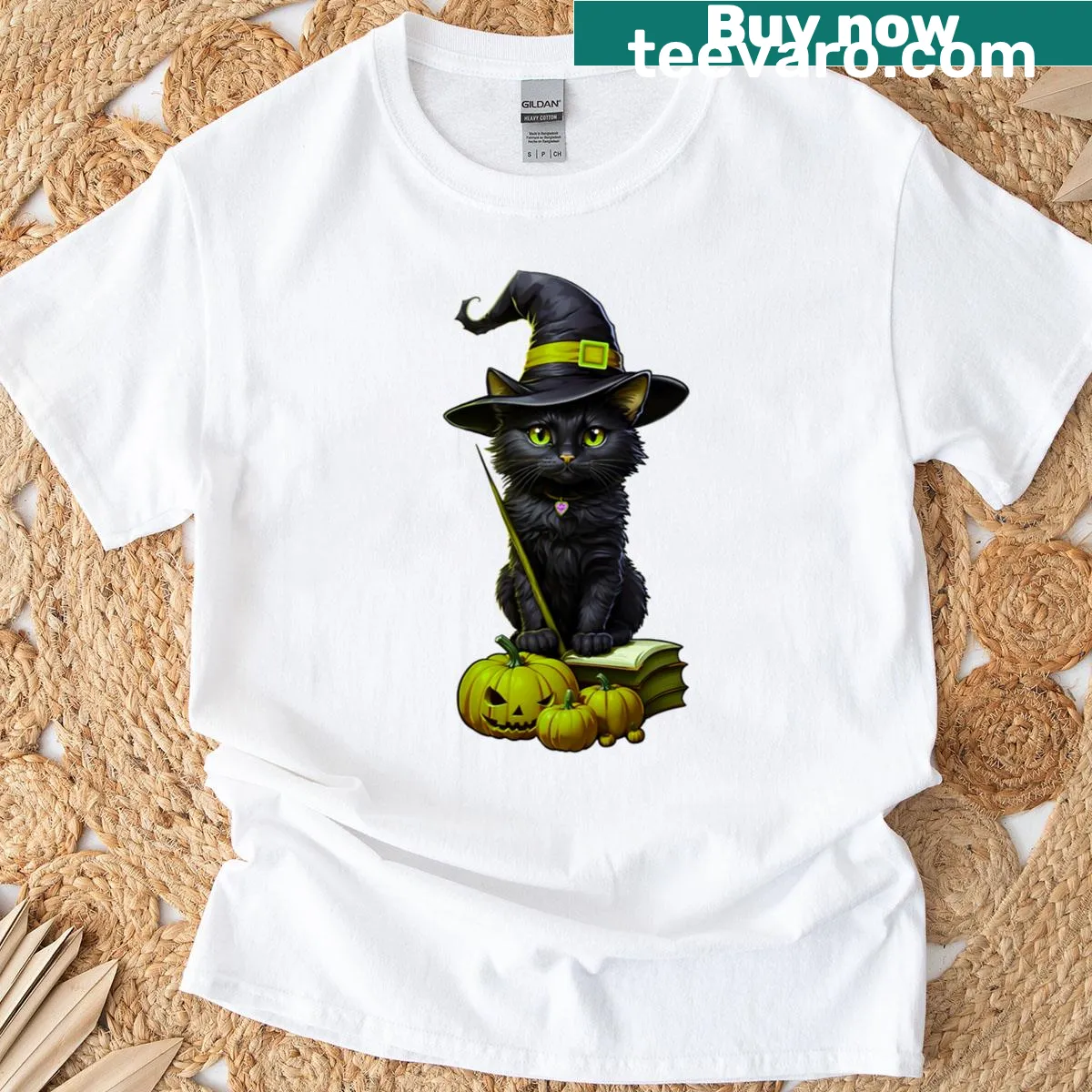 Halloween-themed t-shirt featuring a cute black cat witch illustration — on a men's t-shirt