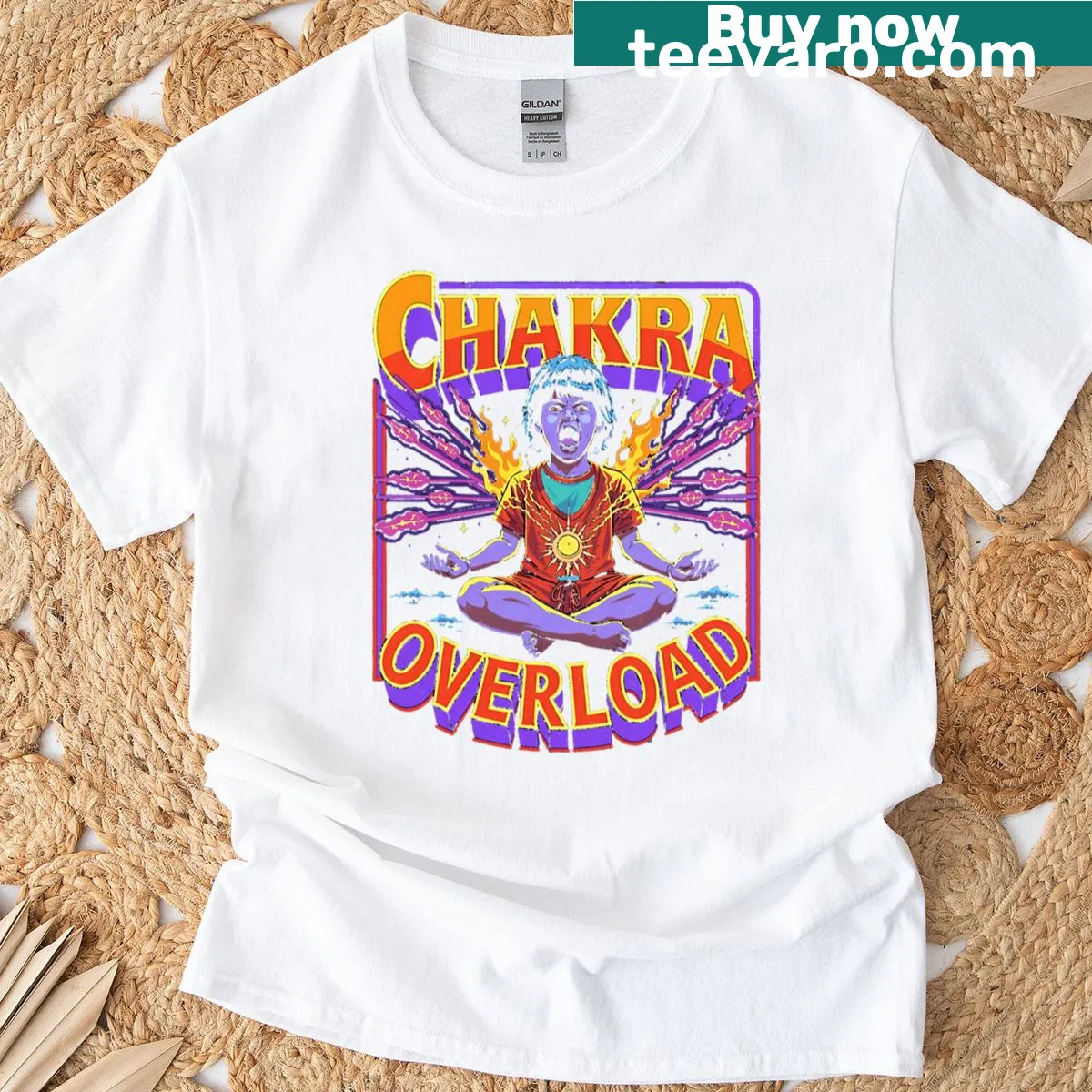 Oversized t-shirt with psychedelic chakra-themed graphic — on a men's t-shirt