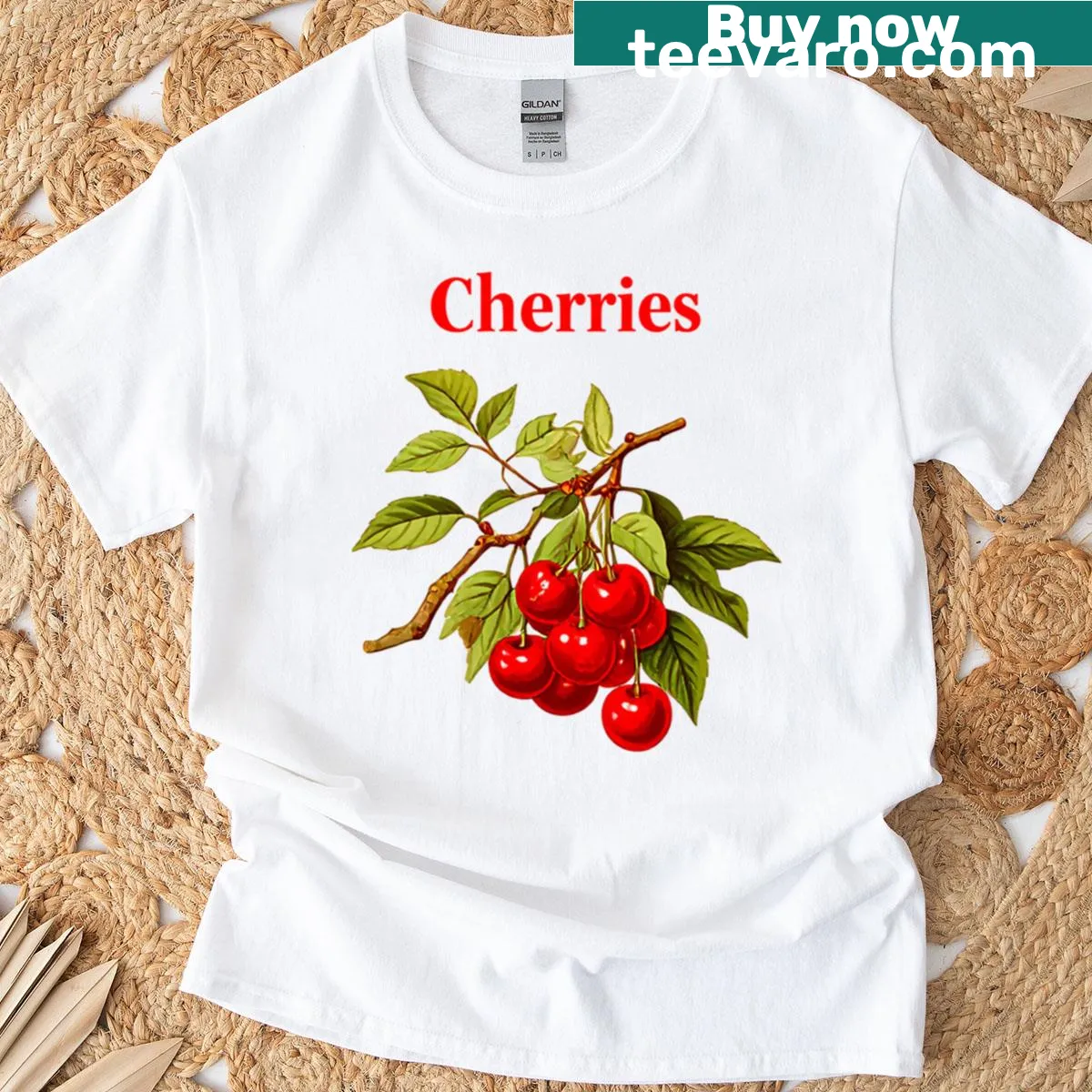 Vintage botanical cherry illustration graphic on a t-shirt — on a men's t-shirt