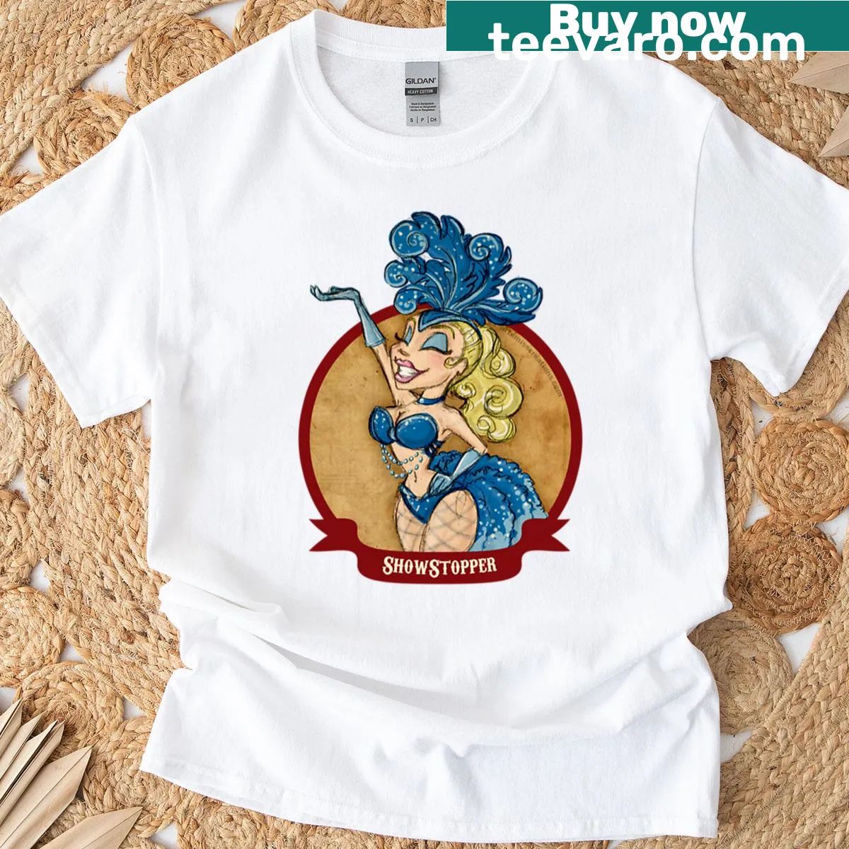 Playful showgirl graphic t-shirt inspired by circus themes — on a men's t-shirt