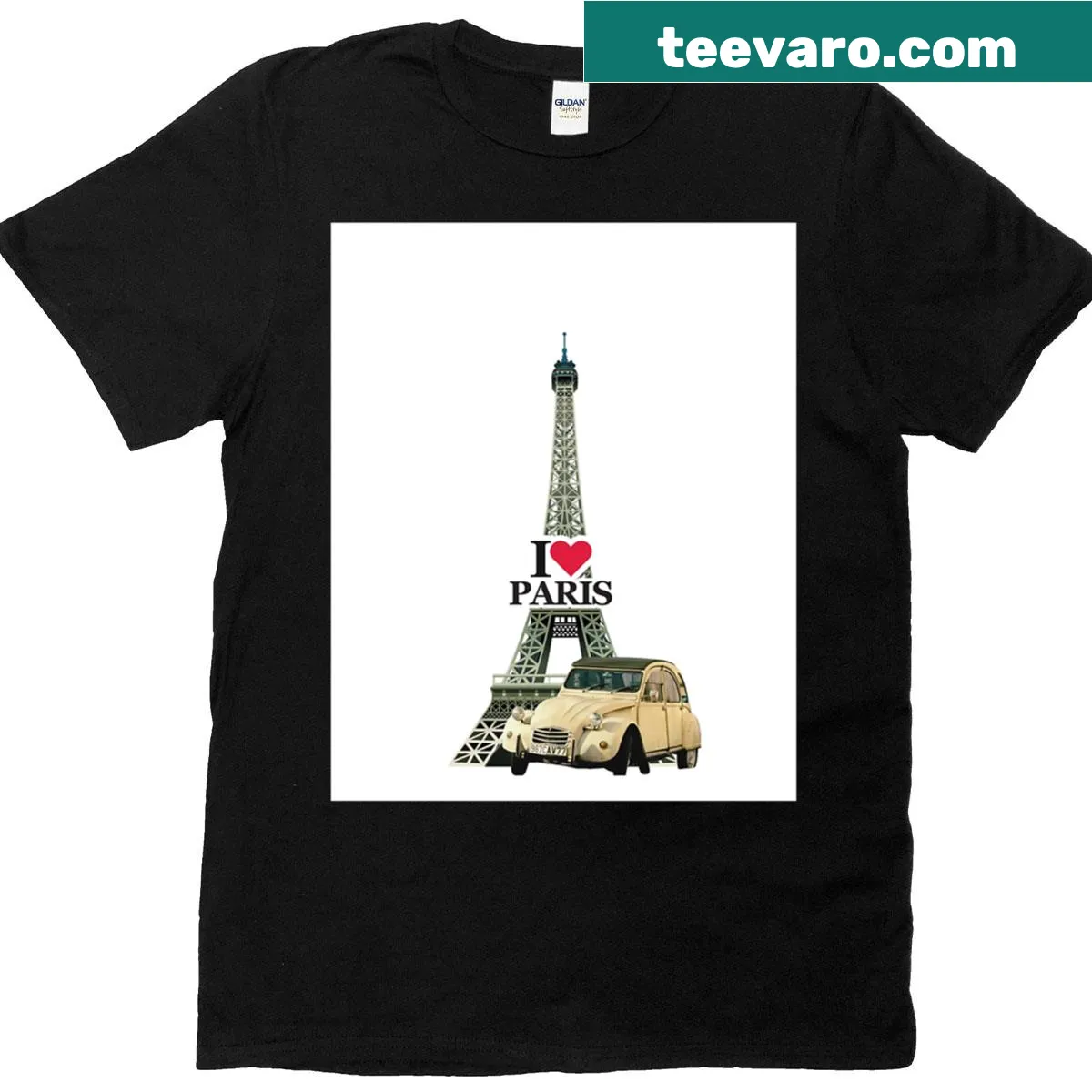 Vintage graphic of Citron 2CV with Eiffel Tower, evoking Parisian charm. — on a men's t-shirt