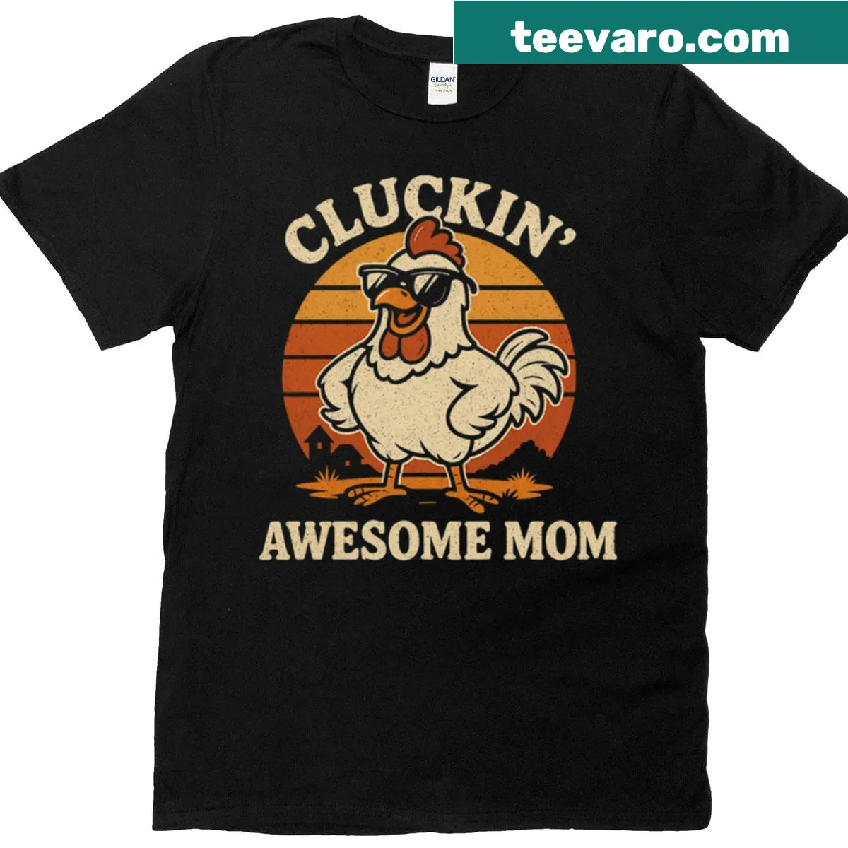 Funny Cluckin Awesome Mom t-shirt with playful chicken graphic and retro text — on a men's t-shirt