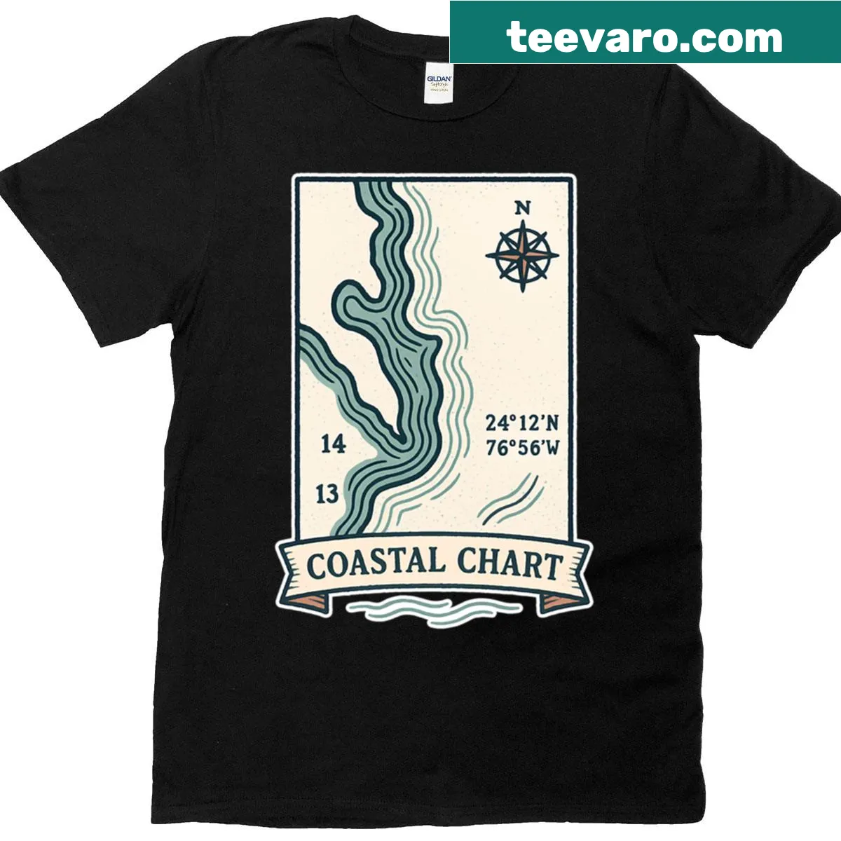 Illustrative Coastal Chart Fragment t-shirt showcasing nautical designs — on a men's t-shirt