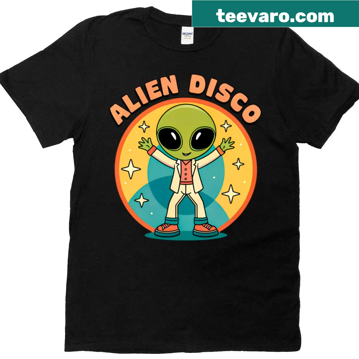 Retro design of a dancing alien in a disco setting, capturing 70s vibes. — on a men's t-shirt